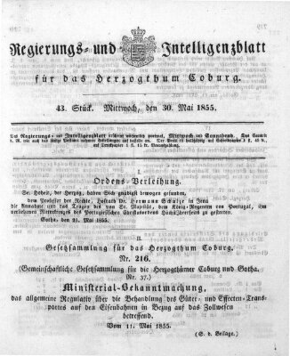 Regierungs- und Intelligenzblatt für das Herzogtum Coburg (Coburger Regierungs-Blatt) Mittwoch 30. Mai 1855