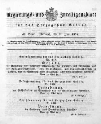 Regierungs- und Intelligenzblatt für das Herzogtum Coburg (Coburger Regierungs-Blatt) Mittwoch 20. Juni 1855