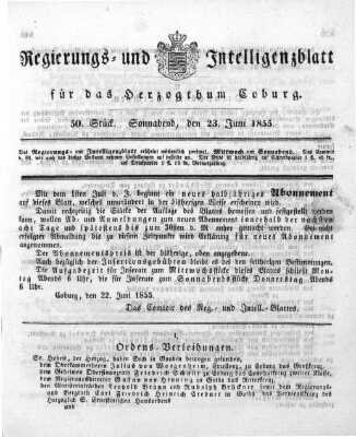Regierungs- und Intelligenzblatt für das Herzogtum Coburg (Coburger Regierungs-Blatt) Samstag 23. Juni 1855