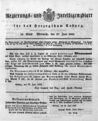 Regierungs- und Intelligenzblatt für das Herzogtum Coburg (Coburger Regierungs-Blatt) Mittwoch 27. Juni 1855