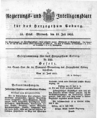 Regierungs- und Intelligenzblatt für das Herzogtum Coburg (Coburger Regierungs-Blatt) Mittwoch 11. Juli 1855