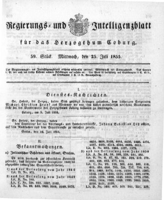 Regierungs- und Intelligenzblatt für das Herzogtum Coburg (Coburger Regierungs-Blatt) Mittwoch 25. Juli 1855