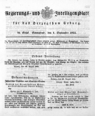 Regierungs- und Intelligenzblatt für das Herzogtum Coburg (Coburger Regierungs-Blatt) Samstag 1. September 1855