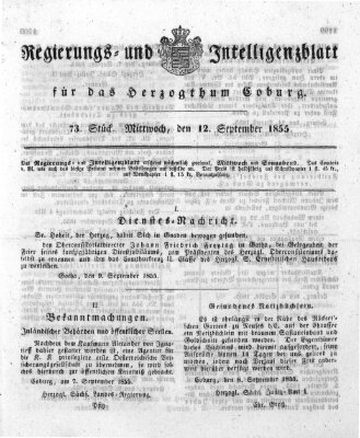 Regierungs- und Intelligenzblatt für das Herzogtum Coburg (Coburger Regierungs-Blatt) Mittwoch 12. September 1855