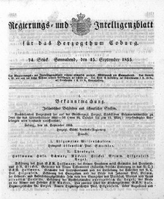 Regierungs- und Intelligenzblatt für das Herzogtum Coburg (Coburger Regierungs-Blatt) Samstag 15. September 1855