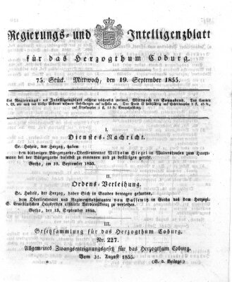 Regierungs- und Intelligenzblatt für das Herzogtum Coburg (Coburger Regierungs-Blatt) Mittwoch 19. September 1855