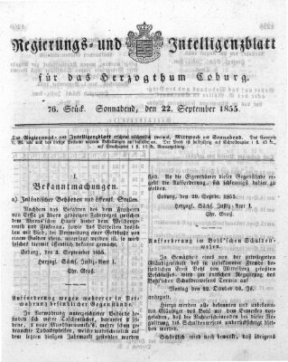 Regierungs- und Intelligenzblatt für das Herzogtum Coburg (Coburger Regierungs-Blatt) Samstag 22. September 1855