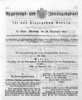 Regierungs- und Intelligenzblatt für das Herzogtum Coburg (Coburger Regierungs-Blatt) Mittwoch 26. September 1855