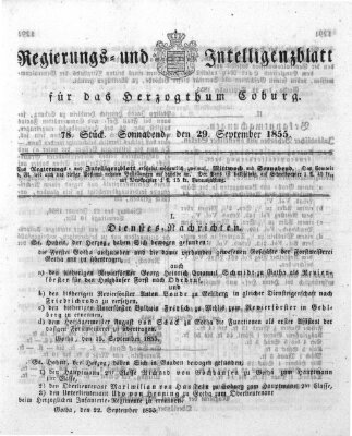 Regierungs- und Intelligenzblatt für das Herzogtum Coburg (Coburger Regierungs-Blatt) Samstag 29. September 1855