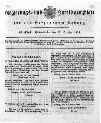 Regierungs- und Intelligenzblatt für das Herzogtum Coburg (Coburger Regierungs-Blatt) Samstag 13. Oktober 1855