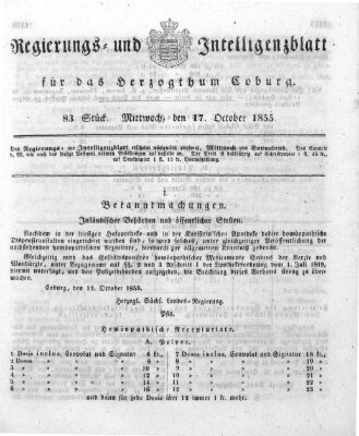 Regierungs- und Intelligenzblatt für das Herzogtum Coburg (Coburger Regierungs-Blatt) Mittwoch 17. Oktober 1855