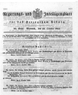 Regierungs- und Intelligenzblatt für das Herzogtum Coburg (Coburger Regierungs-Blatt) Mittwoch 24. Oktober 1855