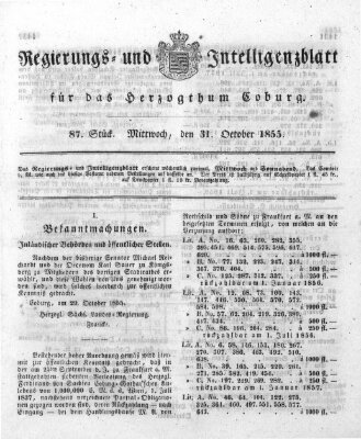 Regierungs- und Intelligenzblatt für das Herzogtum Coburg (Coburger Regierungs-Blatt) Mittwoch 31. Oktober 1855