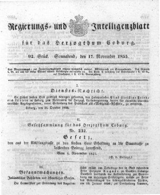 Regierungs- und Intelligenzblatt für das Herzogtum Coburg (Coburger Regierungs-Blatt) Samstag 17. November 1855