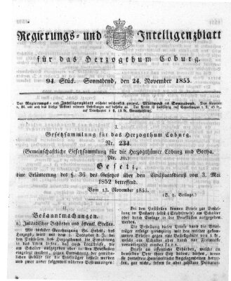 Regierungs- und Intelligenzblatt für das Herzogtum Coburg (Coburger Regierungs-Blatt) Samstag 24. November 1855