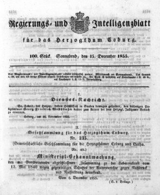 Regierungs- und Intelligenzblatt für das Herzogtum Coburg (Coburger Regierungs-Blatt) Samstag 15. Dezember 1855