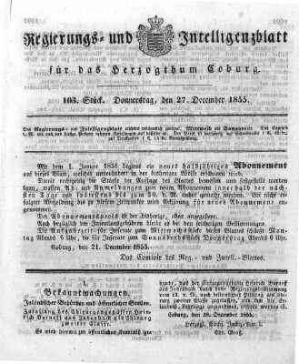 Regierungs- und Intelligenzblatt für das Herzogtum Coburg (Coburger Regierungs-Blatt) Donnerstag 27. Dezember 1855