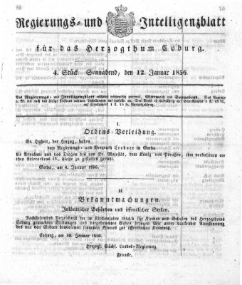 Regierungs- und Intelligenzblatt für das Herzogtum Coburg (Coburger Regierungs-Blatt) Samstag 12. Januar 1856