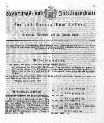 Regierungs- und Intelligenzblatt für das Herzogtum Coburg (Coburger Regierungs-Blatt) Mittwoch 16. Januar 1856