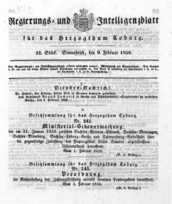 Regierungs- und Intelligenzblatt für das Herzogtum Coburg (Coburger Regierungs-Blatt) Samstag 9. Februar 1856