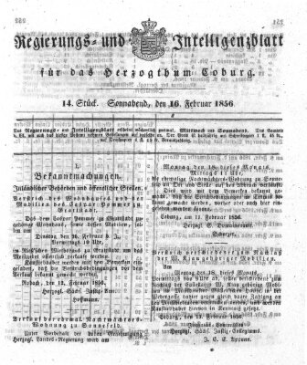 Regierungs- und Intelligenzblatt für das Herzogtum Coburg (Coburger Regierungs-Blatt) Samstag 16. Februar 1856