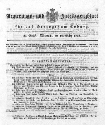 Regierungs- und Intelligenzblatt für das Herzogtum Coburg (Coburger Regierungs-Blatt) Mittwoch 19. März 1856