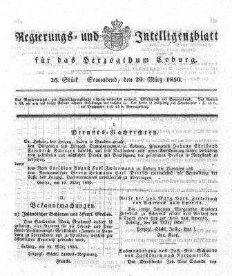 Regierungs- und Intelligenzblatt für das Herzogtum Coburg (Coburger Regierungs-Blatt) Samstag 29. März 1856