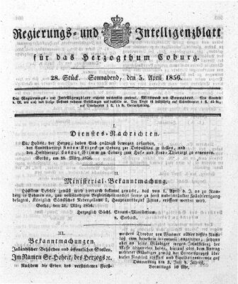 Regierungs- und Intelligenzblatt für das Herzogtum Coburg (Coburger Regierungs-Blatt) Samstag 5. April 1856