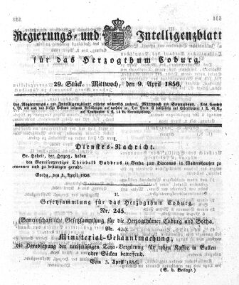 Regierungs- und Intelligenzblatt für das Herzogtum Coburg (Coburger Regierungs-Blatt) Mittwoch 9. April 1856