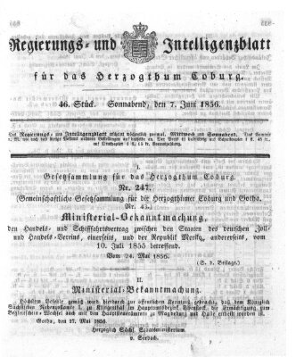 Regierungs- und Intelligenzblatt für das Herzogtum Coburg (Coburger Regierungs-Blatt) Samstag 7. Juni 1856