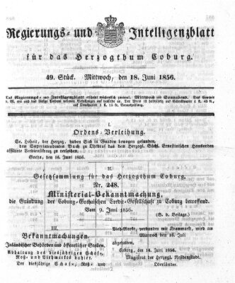 Regierungs- und Intelligenzblatt für das Herzogtum Coburg (Coburger Regierungs-Blatt) Mittwoch 18. Juni 1856