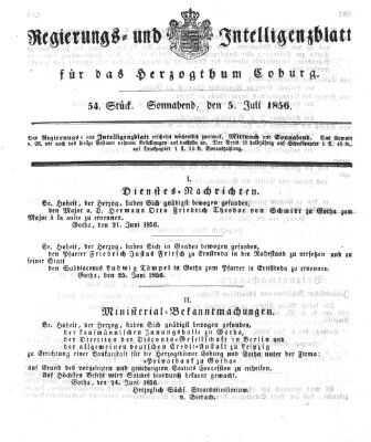 Regierungs- und Intelligenzblatt für das Herzogtum Coburg (Coburger Regierungs-Blatt) Samstag 5. Juli 1856