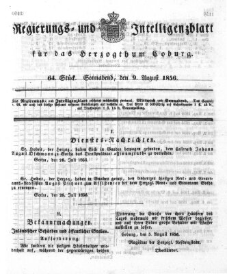 Regierungs- und Intelligenzblatt für das Herzogtum Coburg (Coburger Regierungs-Blatt) Samstag 9. August 1856