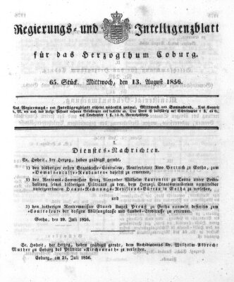 Regierungs- und Intelligenzblatt für das Herzogtum Coburg (Coburger Regierungs-Blatt) Mittwoch 13. August 1856