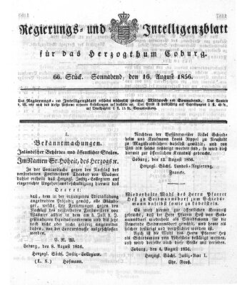 Regierungs- und Intelligenzblatt für das Herzogtum Coburg (Coburger Regierungs-Blatt) Samstag 16. August 1856