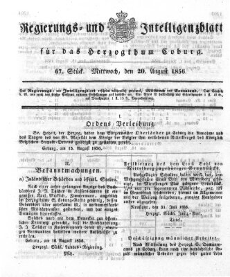 Regierungs- und Intelligenzblatt für das Herzogtum Coburg (Coburger Regierungs-Blatt) Mittwoch 20. August 1856