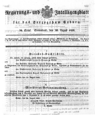 Regierungs- und Intelligenzblatt für das Herzogtum Coburg (Coburger Regierungs-Blatt) Samstag 30. August 1856