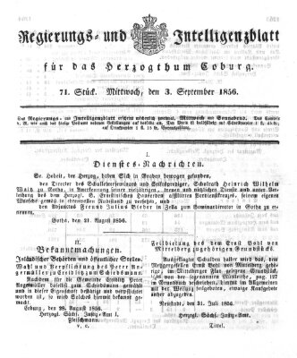 Regierungs- und Intelligenzblatt für das Herzogtum Coburg (Coburger Regierungs-Blatt) Mittwoch 3. September 1856