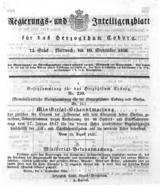 Regierungs- und Intelligenzblatt für das Herzogtum Coburg (Coburger Regierungs-Blatt) Mittwoch 10. September 1856