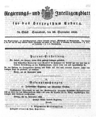 Regierungs- und Intelligenzblatt für das Herzogtum Coburg (Coburger Regierungs-Blatt) Samstag 20. September 1856