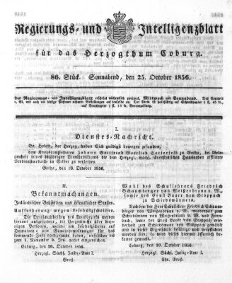 Regierungs- und Intelligenzblatt für das Herzogtum Coburg (Coburger Regierungs-Blatt) Samstag 25. Oktober 1856