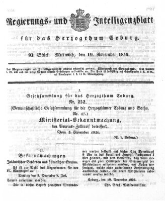 Regierungs- und Intelligenzblatt für das Herzogtum Coburg (Coburger Regierungs-Blatt) Mittwoch 19. November 1856