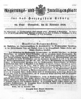 Regierungs- und Intelligenzblatt für das Herzogtum Coburg (Coburger Regierungs-Blatt) Samstag 22. November 1856