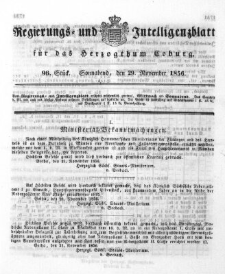 Regierungs- und Intelligenzblatt für das Herzogtum Coburg (Coburger Regierungs-Blatt) Samstag 29. November 1856