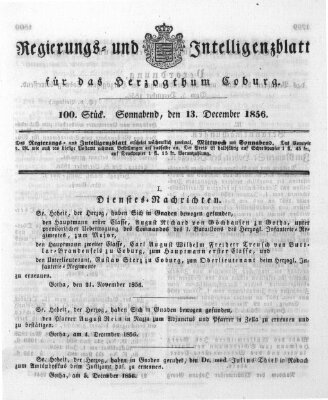 Regierungs- und Intelligenzblatt für das Herzogtum Coburg (Coburger Regierungs-Blatt) Samstag 13. Dezember 1856