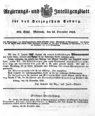 Regierungs- und Intelligenzblatt für das Herzogtum Coburg (Coburger Regierungs-Blatt) Mittwoch 24. Dezember 1856