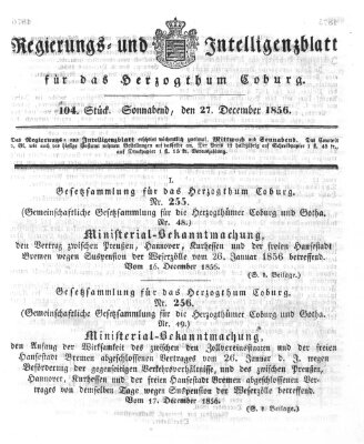 Regierungs- und Intelligenzblatt für das Herzogtum Coburg (Coburger Regierungs-Blatt) Samstag 27. Dezember 1856