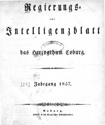 Regierungs- und Intelligenzblatt für das Herzogtum Coburg (Coburger Regierungs-Blatt) Samstag 3. Januar 1857