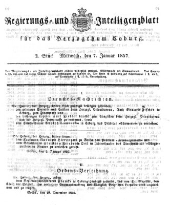 Regierungs- und Intelligenzblatt für das Herzogtum Coburg (Coburger Regierungs-Blatt) Mittwoch 7. Januar 1857