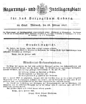 Regierungs- und Intelligenzblatt für das Herzogtum Coburg (Coburger Regierungs-Blatt) Mittwoch 18. Februar 1857